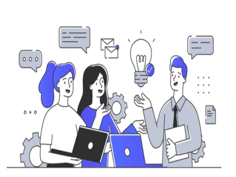 Three professionals brainstorming with laptops, surrounded by icons representing ideas, teamwork, and productivity — symbolizing collaborative digital marketing strategy.