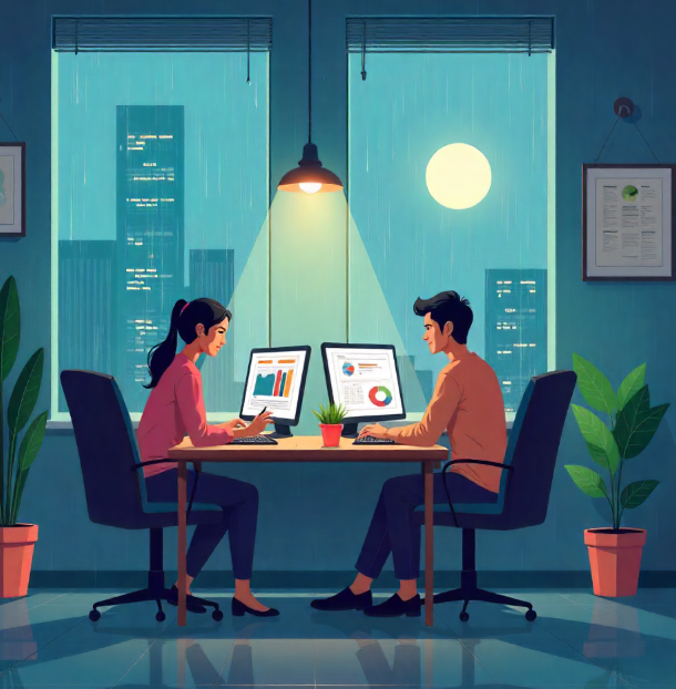 “Startup team analyzing Faridabad SEO audit results at night”
